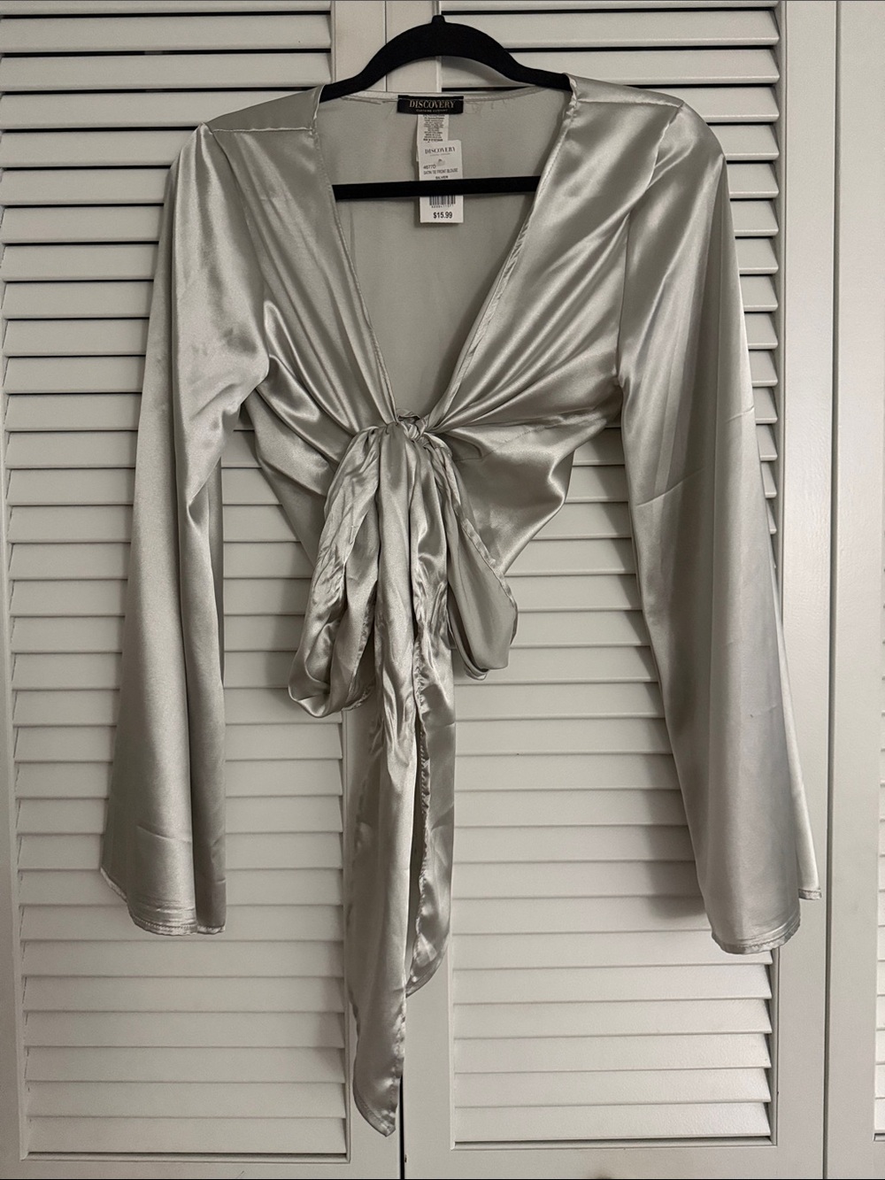 Discovery Silver Satin Tie-Front Long Sleeve Blouse